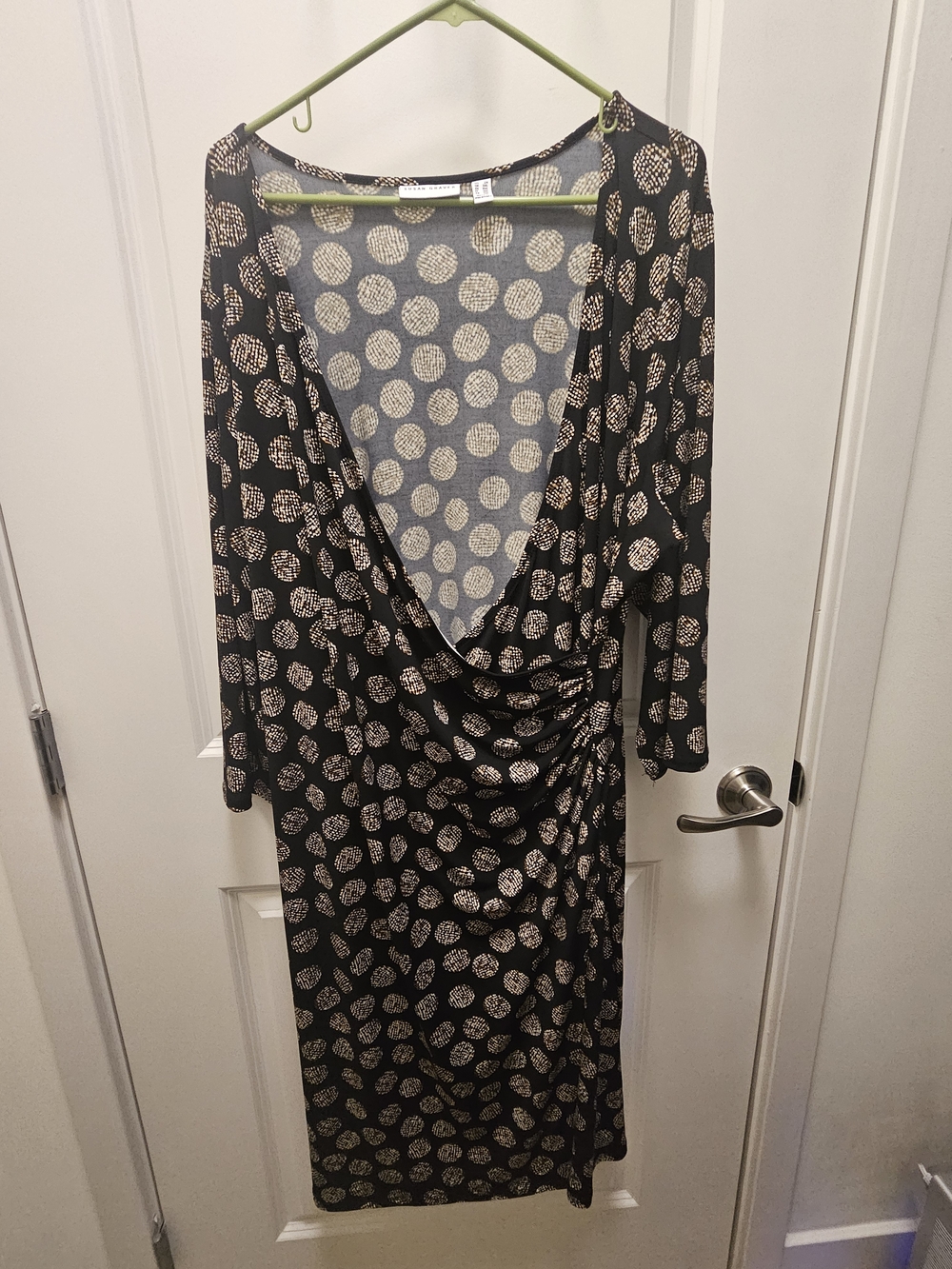 Susan Graver Faux Wrap Polka Dot Midi Dress – Black/Tan